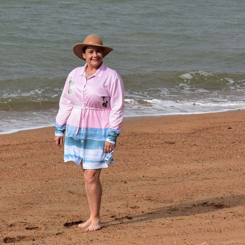Ladies Sun Safe Outdoor Button-up Dress - Tropical Bliss - Made of Recycled fabric - Design Works Apparel